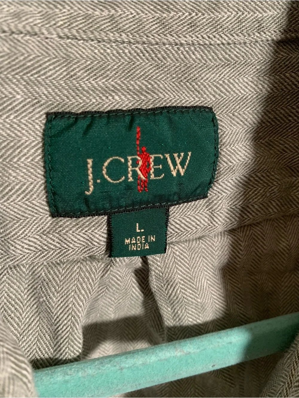 J.Crew Mens Linen Blend Herringbone Button Down Size L Green Gray Preppy Casual